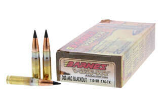 The Barnes VOR-TX 300 Blackout ammunition features the TAC-TX 110 grain projectile and 20 rounds per box